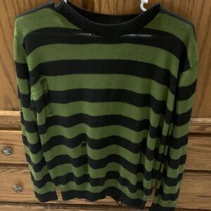 SHEIN Men's Olive and Black Striped Distressed Crewneck Sweater
